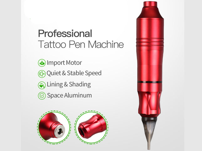 Red tattoo pen machine with features listed on a white background