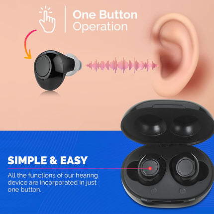 Hearing aid device with one button operation on a blue and beige background