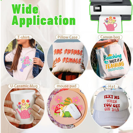 Promotional graphic showing various items with printed designs including t-shirts, pillow cases, canvas bags, mugs, mouse pads, and hats.