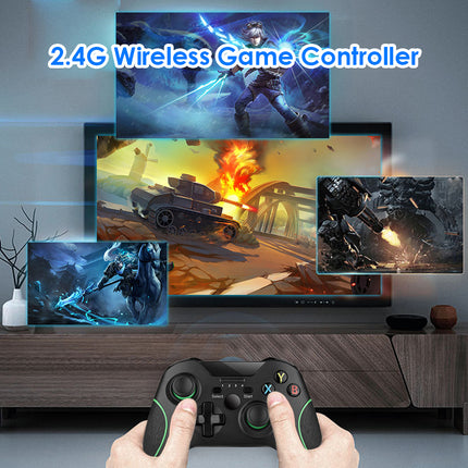 A person holding a black 2.4G wireless game controller in front of a TV showing gaming scenes on screen, with text reading '2.