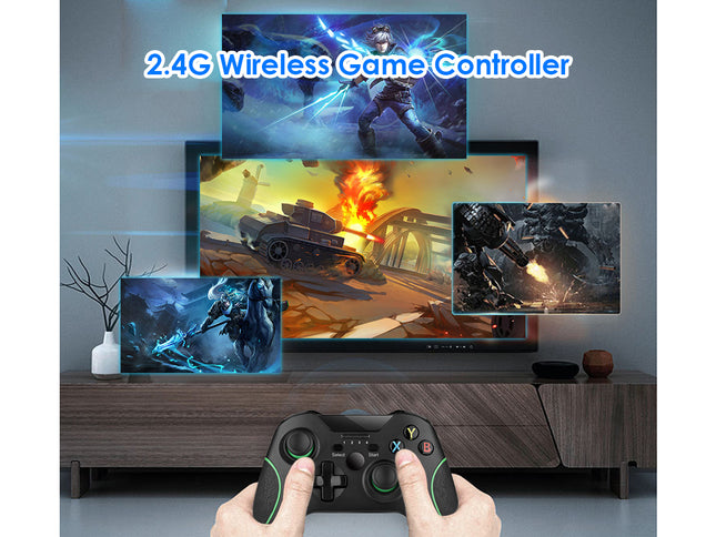 A person holding a black 2.4G wireless game controller in front of a TV showing gaming scenes on screen, with text reading '2.