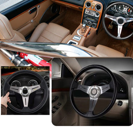 Car interior with steering wheel and dashboard, inset showing close-up of steering wheel.