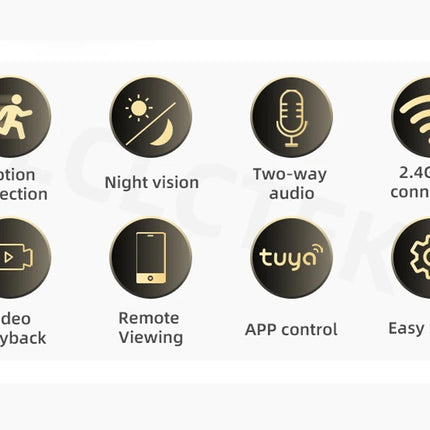 Set of icons representing features such as motion detection, night vision, two-way audio, Wi-Fi connection, video playback, remote viewing, app control, and easy setup on a white background.