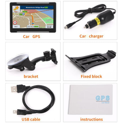 Collection of car GPS accessories including a GPS device, charger, bracket, fixed block, USB cable, and instructions on a white background.