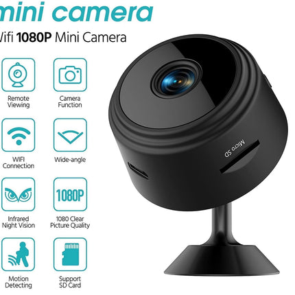 Black mini camera with features listed on a white background