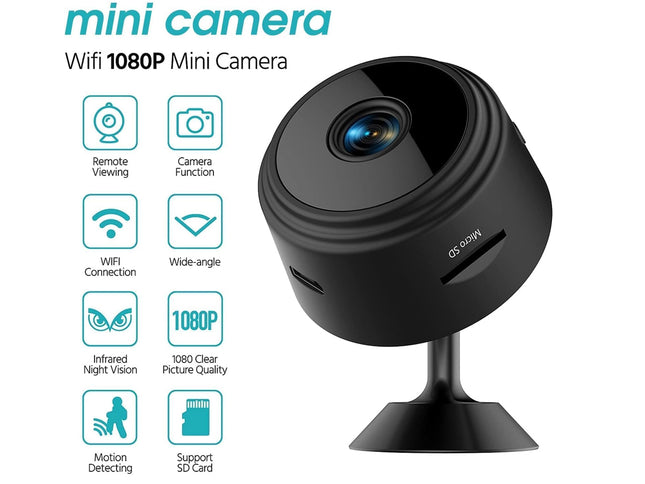 Black mini camera with features listed on a white background