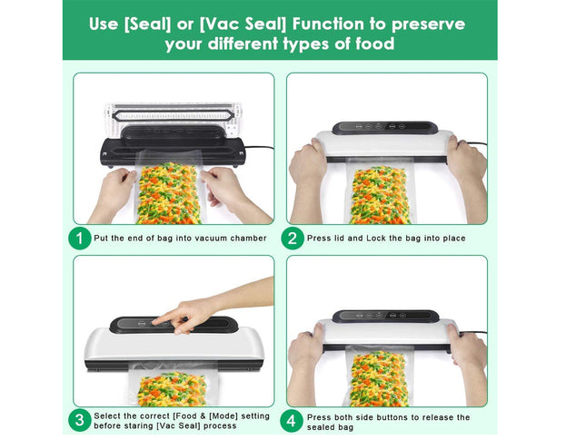 Vacuum sealer machine with step-by-step instructions on how to use it for preserving food.