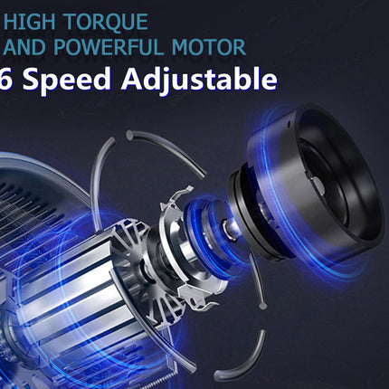 Motor with text highlighting high torque, powerful motor, and six-speed adjustable feature on a dark background.