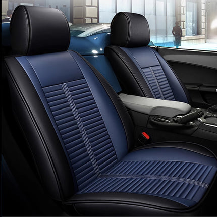 Blue car seat covers with a textured pattern in a vehicle interior.