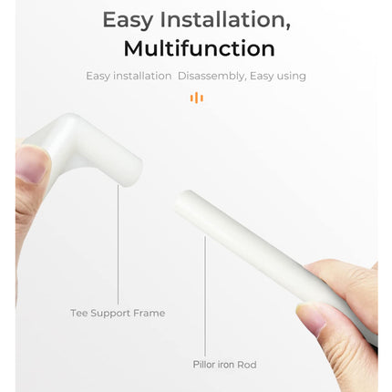 Hand holding a white iron with text on easy installation and multifunctionality.