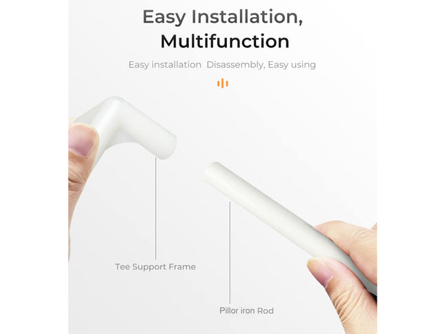 Hand holding a white iron with text on easy installation and multifunctionality.