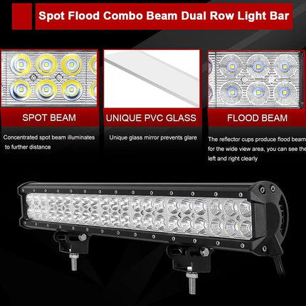 Spot flood combo beam dual row light bar with features highlighted on a black background