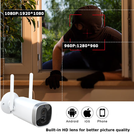 Security camera with a person peering through a window, showing different resolution options.