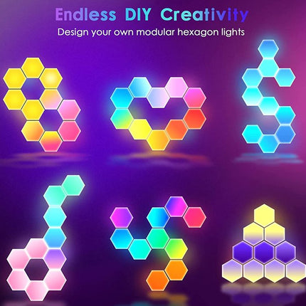 Colorful modular hexagon lights on a purple background with text 'Endless DIY Creativity'.