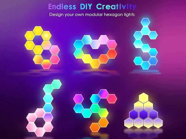 Colorful modular hexagon lights on a purple background with text 'Endless DIY Creativity'.