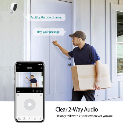 Person delivering packages with a smartphone app interface showing clear 2-way audio feature.