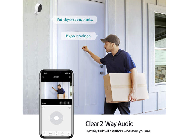Person delivering packages with a smartphone app interface showing clear 2-way audio feature.