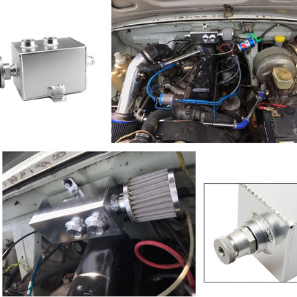A collage showing a silver metallic automotive fuel pump module, including a clean product shot on the top left, installed views in a car engine bay, and a close-up inset of the pump connection.