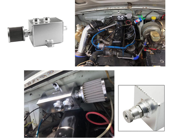 A collage showing a silver metallic automotive fuel pump module, including a clean product shot on the top left, installed views in a car engine bay, and a close-up inset of the pump connection.