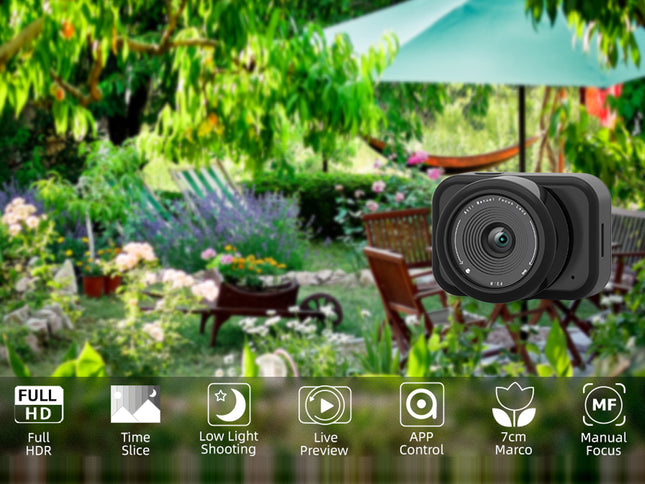 Outdoor garden scene with a camera lens overlay displaying features.