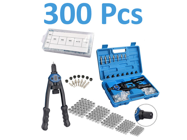 Mechanical tool set with blue case and tools on a white background, labeled '300 Pcs'.