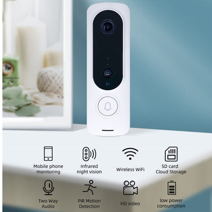 A white and black smart video doorbell with a central lens and a circular button, displayed on a light surface with a blue background. Below the product, feature icons for mobile phone monitoring, infrared night vision, wireless WiFi, 50 card cloud storage, two way audio, PIR motion detection, HD video, and low power consumption are shown.