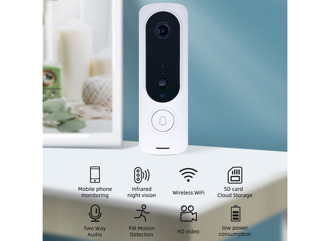 A white and black smart video doorbell with a central lens and a circular button, displayed on a light surface with a blue background. Below the product, feature icons for mobile phone monitoring, infrared night vision, wireless WiFi, 50 card cloud storage, two way audio, PIR motion detection, HD video, and low power consumption are shown.