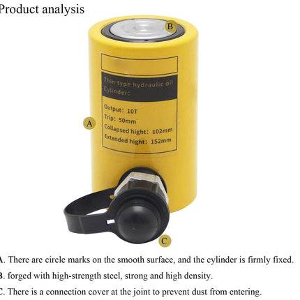 A yellow hydraulic cylinder with a black hose connected at the bottom, shown on a white background with explanatory text and callout labels A, B, and C about its features and dimensions.