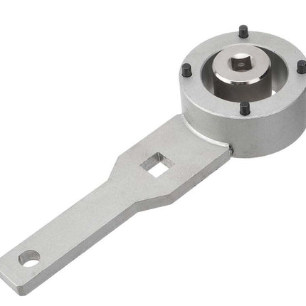 A silver metallic mechanical component with a circular head secured by four black screws and a flat mounting arm with a square cutout, shown on a plain white background.
