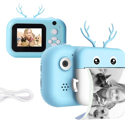 Children's toy camera with screen and reindeer antlers on a white background
