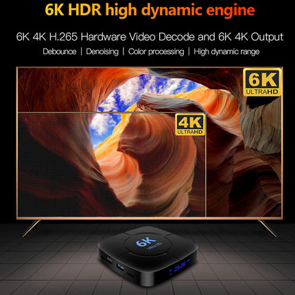 Smart TV with 6K HDR high dynamic engine and 4K Ultra HD display, featuring a scenic image of a canyon.