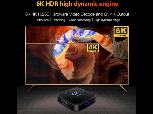 Smart TV with 6K HDR high dynamic engine and 4K Ultra HD display, featuring a scenic image of a canyon.
