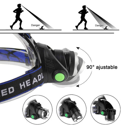 Headlamp with adjustable headband and multiple angles shown on a white background