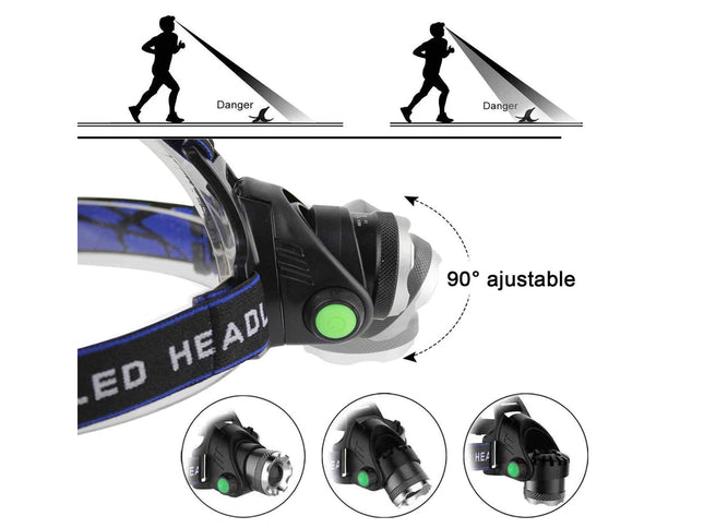 Headlamp with adjustable headband and multiple angles shown on a white background