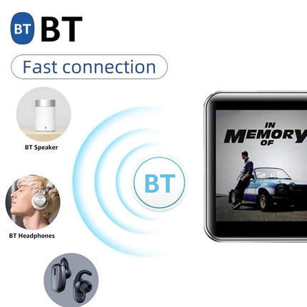 Promotional graphic for BT fast connection showing a smartwatch on the right and BT Speaker, BT Headphones, and BT earbuds on the left, with BT logos and blue wireless signal waves on a white background.