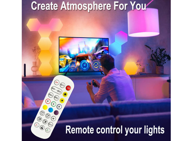 A promotional graphic showing a person sitting in a living room, facing a TV, with colorful hexagonal wall lights glowing in pink, yellow, and blue. A large remote control is overlaid in the foreground, with text reading 'Create Atmosphere For You' and 'Remote control your lights'.