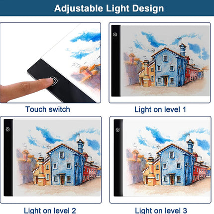 Adjustable light design with touch switch and different light levels on a screen.