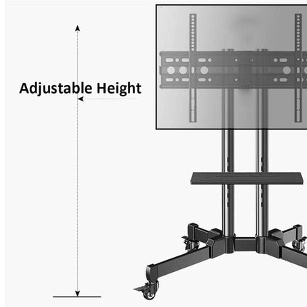 Black adjustable TV wall mount stand with a mounted screen, shown on a light gray background with a vertical measurement arrow and the text 'Adjustable Height' to illustrate the height-setting feature.