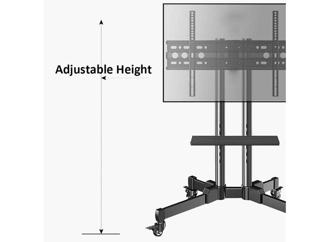 Black adjustable TV wall mount stand with a mounted screen, shown on a light gray background with a vertical measurement arrow and the text 'Adjustable Height' to illustrate the height-setting feature.