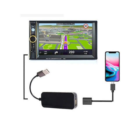 A car stereo head unit with a built-in screen, shown with a smartphone, a USB cable, and a small black rectangular adapter on a plain white background.