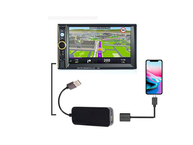 A car stereo head unit with a built-in screen, shown with a smartphone, a USB cable, and a small black rectangular adapter on a plain white background.