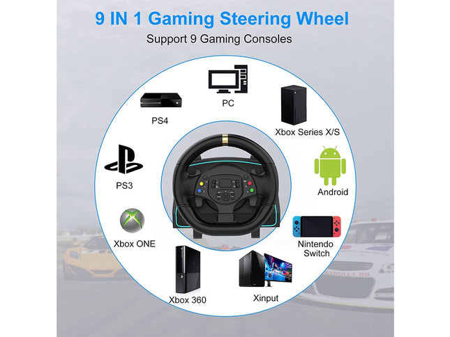 Gaming steering wheel with compatibility icons for various gaming consoles on a gray background