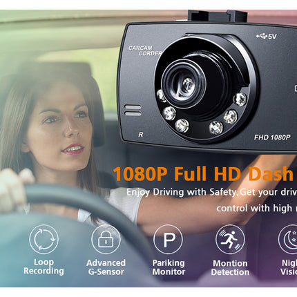 Car dashboard with a 1080P Full HD dash cam and a woman driving.