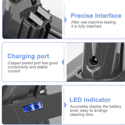 Technical specifications of a cleaning device with close-up shots and text descriptions.