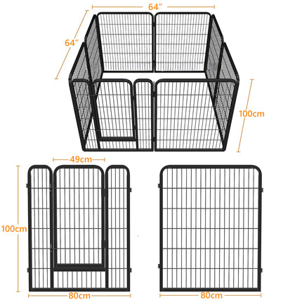 Dimensions of a black metal pet playpen with measurements in centimeters.