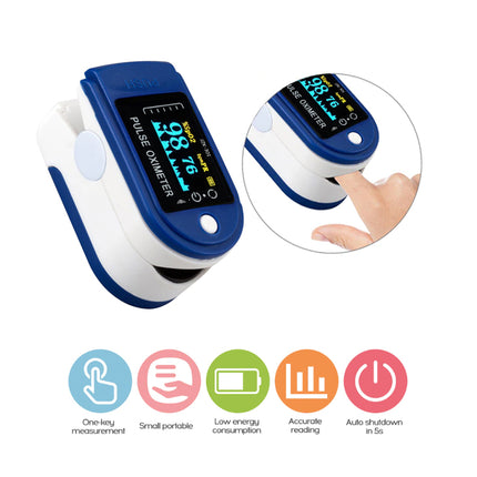 Finger pulse oximeter with digital display on a white background