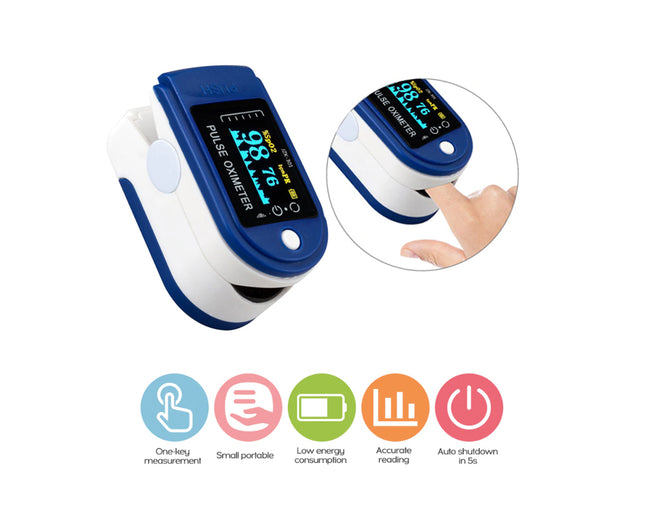 Finger pulse oximeter with digital display on a white background