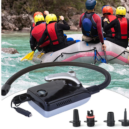 Inflatable raft with people wearing life jackets and a black air pump on a white background.