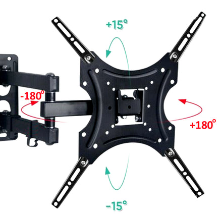 Black TV wall mount with rotation and tilt angles on a white background