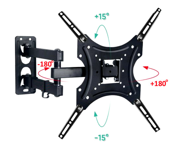 Black TV wall mount with rotation and tilt angles on a white background